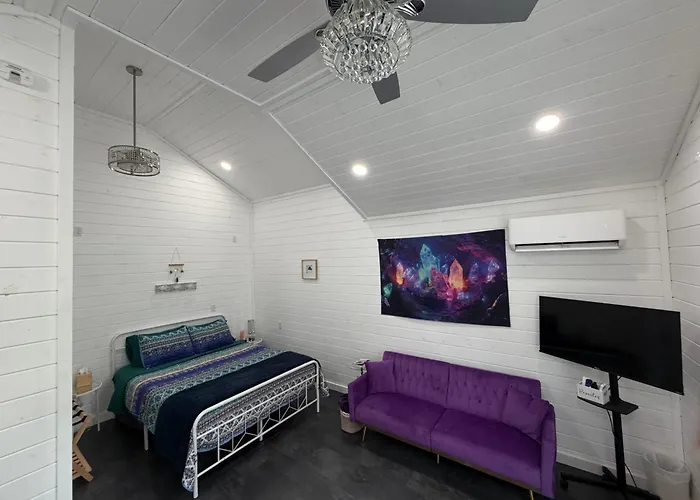 Purple Tiny Home With Fire Pit And Nature